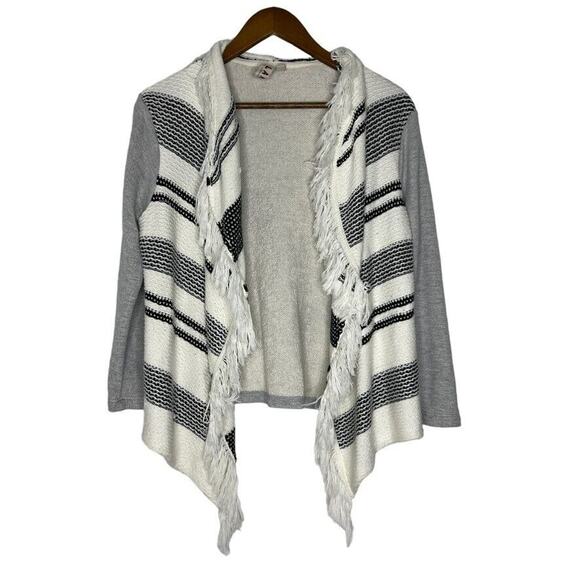 Dolan Anthropologie Gray Striped Open Front Fringe Sweater Size Small - Picture 1 of 9